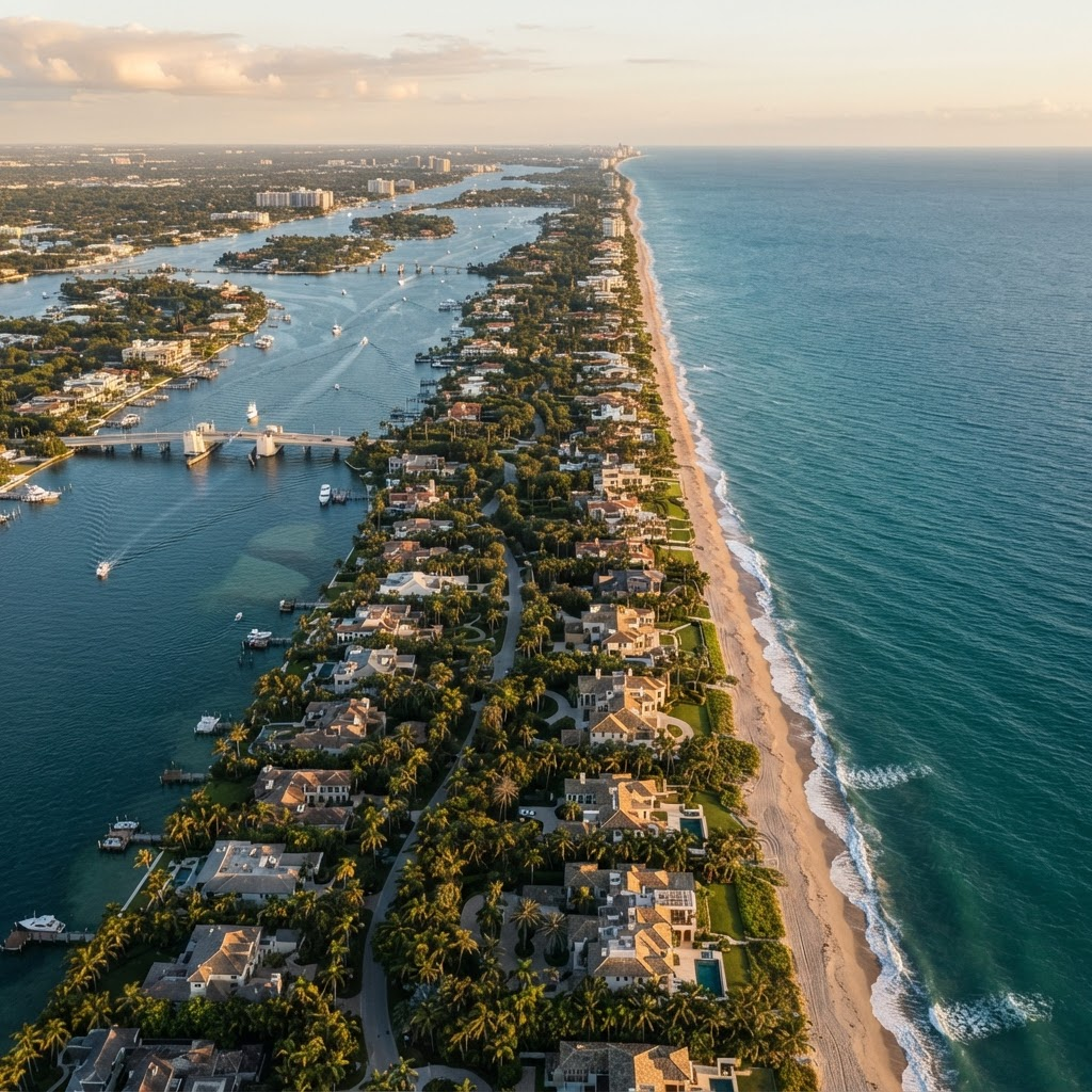 Aerial view of the narrow Palm Beach barrier island between the Atlantic Ocean and Intracoastal Waterway