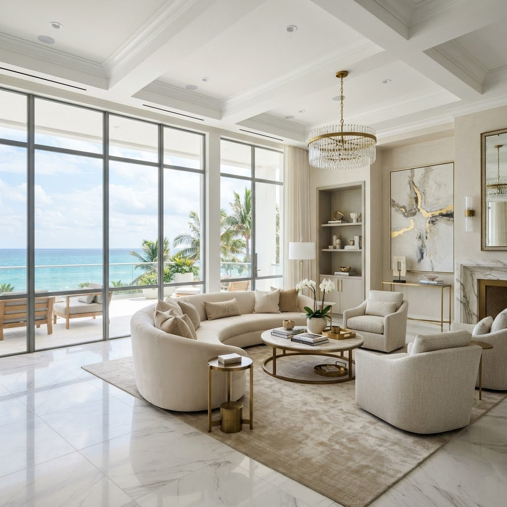 Serene ultra-luxury interior overlooking the Palm Beach coastline