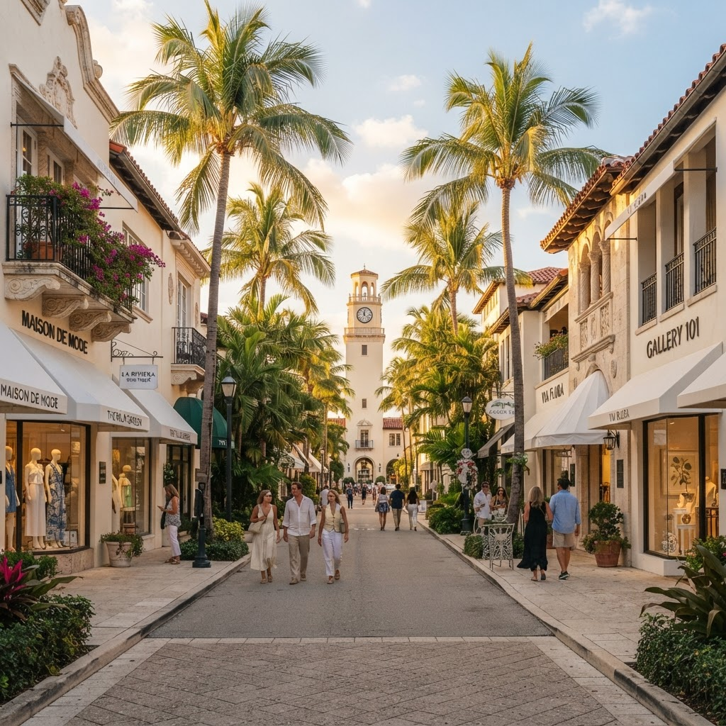 Worth Avenue in Palm Beach lined with coconut palms and Mediterranean storefronts at golden hour