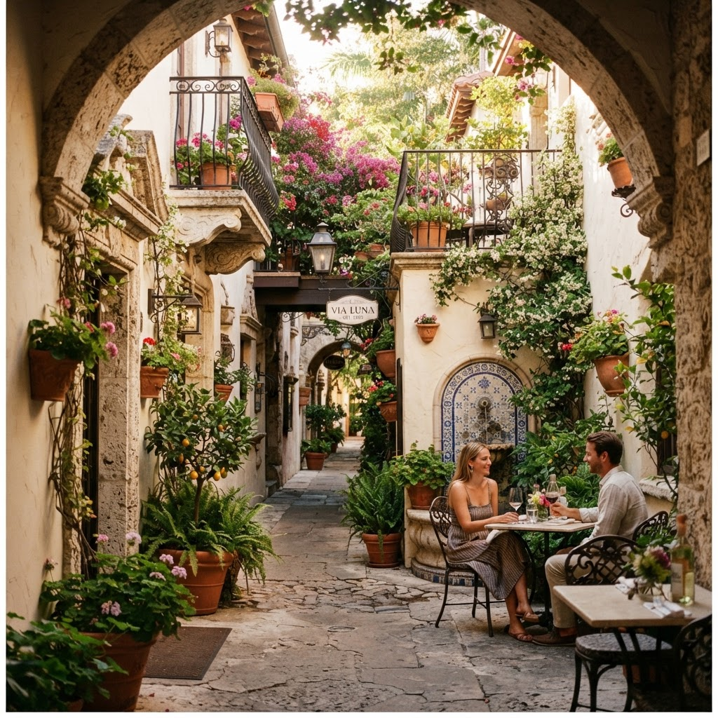 A hidden Venetian-inspired via courtyard off Worth Avenue with a tiled fountain